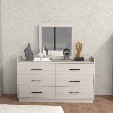 Commode miroir Bend en contreplaqué de chêne blanc, hauteur 130 cm, six tiroirs - Commode miroir incurvée en contreplaqué de chêne blanc, hauteur 130 cm, six tiroirs